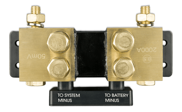 Top-down view of the 2000A SmartShunt showing four M10 terminal bolts and central shunt element