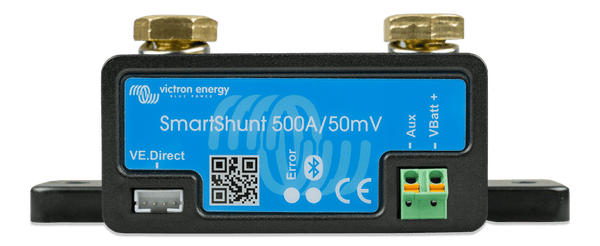 Front view of Victron SmartShunt showing interface ports and labels
