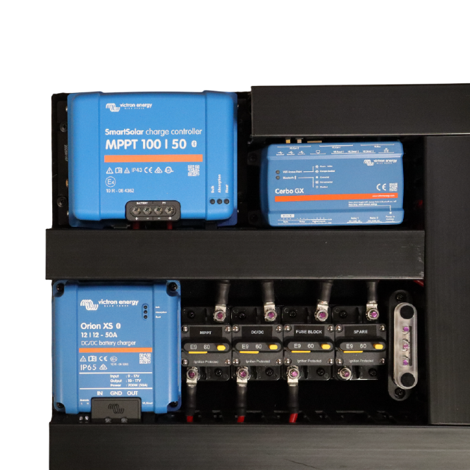 Close-up detail of Victron SmartSolar MPPT, Cerbo GX and Orion XS mounted on black board