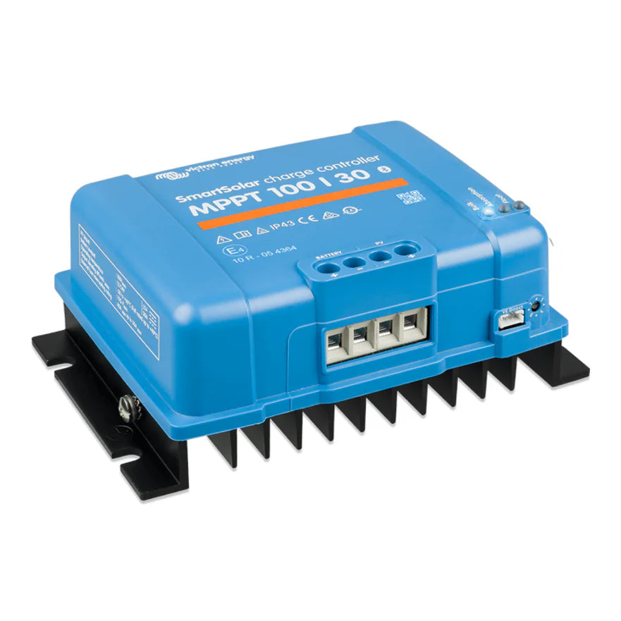 Side view of blue Victron MPPT solar controller with black mounting frame