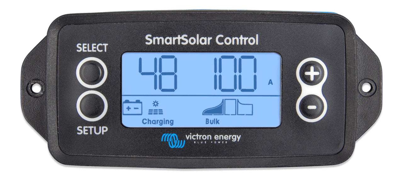 Front view of Victron SmartSolar pluggable LCD display with status icons and control buttons