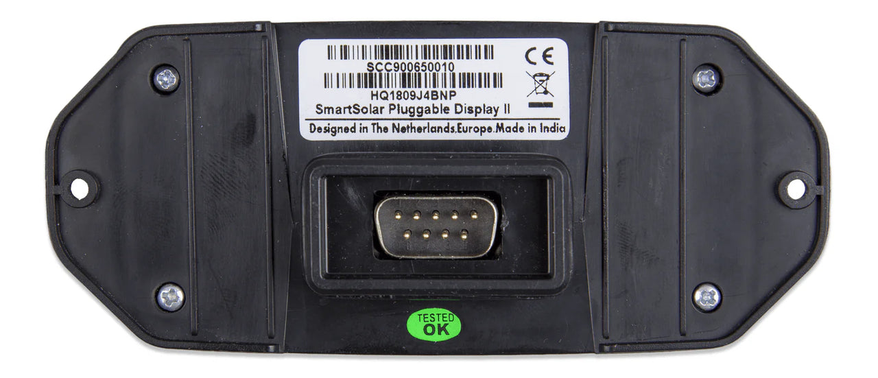 Rear view of pluggable solar display showing the 9-pin connection port and labels