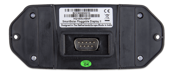 Rear view of pluggable solar display showing the 9-pin connection port and labels