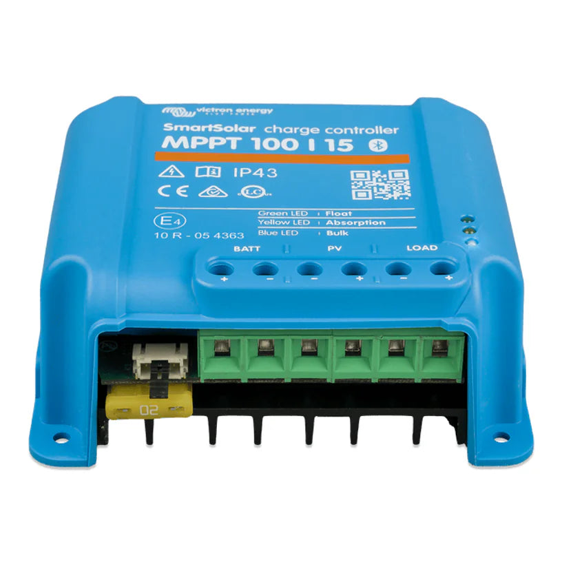 Low angle front view of the SmartSolar controller showing internal components and wiring ports