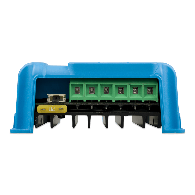 Detailed front view of the Victron controller terminal section, fuse, and cooling fins