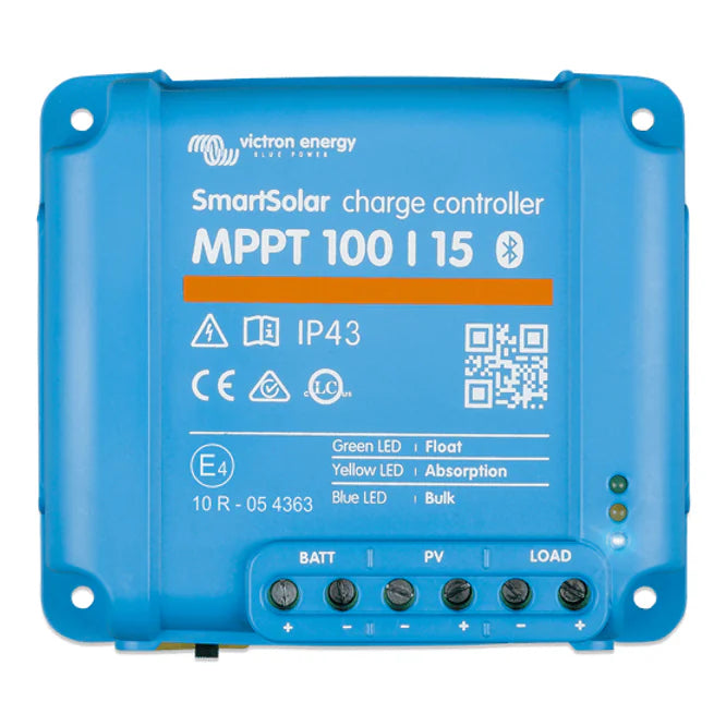 Top-down view of a blue Victron SmartSolar MPPT 100/15 Bluetooth charge controller