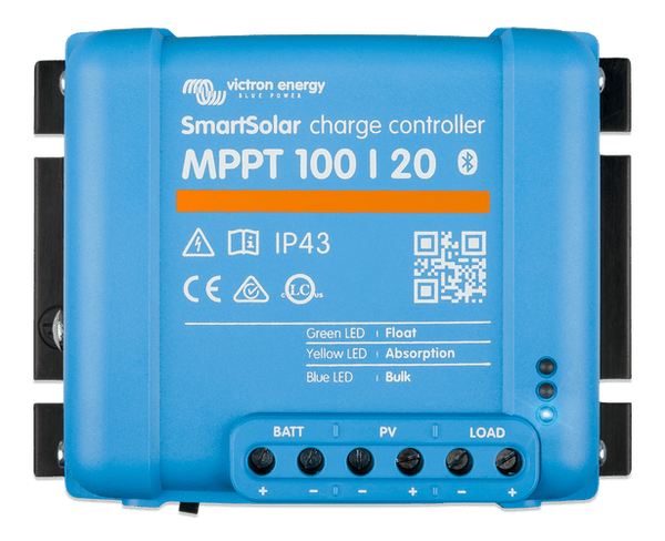Front view of blue Victron SmartSolar MPPT 100/20 charge controller showing status LEDs and terminals