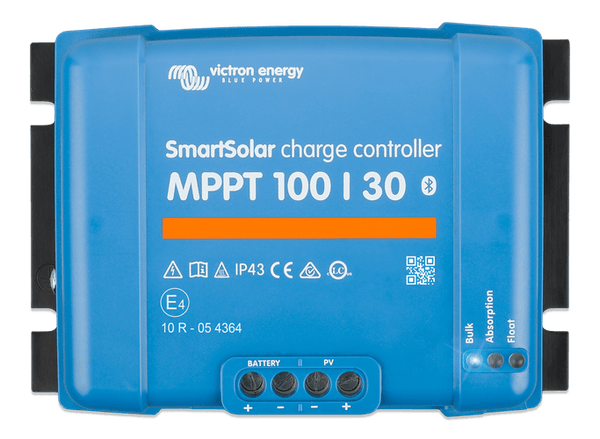Front view of Victron SmartSolar MPPT 100/30 charge controller in blue