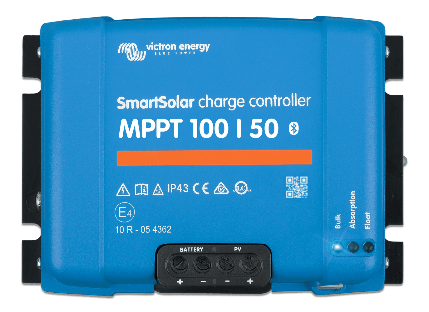 Front view of blue Victron SmartSolar MPPT 100/50 charge controller with status LEDs and wiring terminals