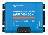 Front view of blue Victron SmartSolar MPPT 100/50 charge controller with status LEDs and wiring terminals