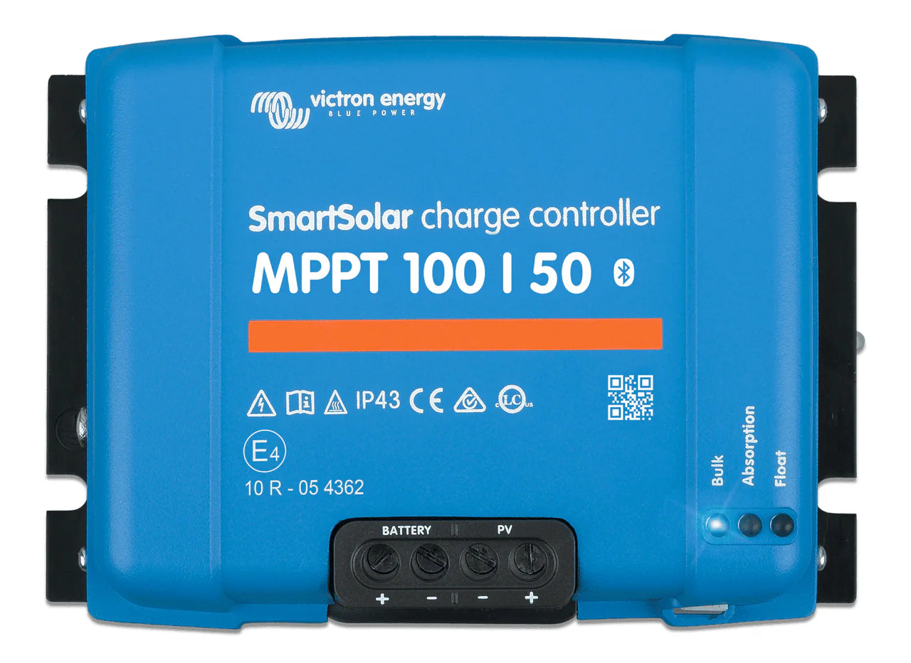 Front view of Victron SmartSolar MPPT 100/50 charge controller showing terminals and status LEDs