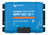 Front view of Victron SmartSolar MPPT 100/50 charge controller showing terminals and status LEDs