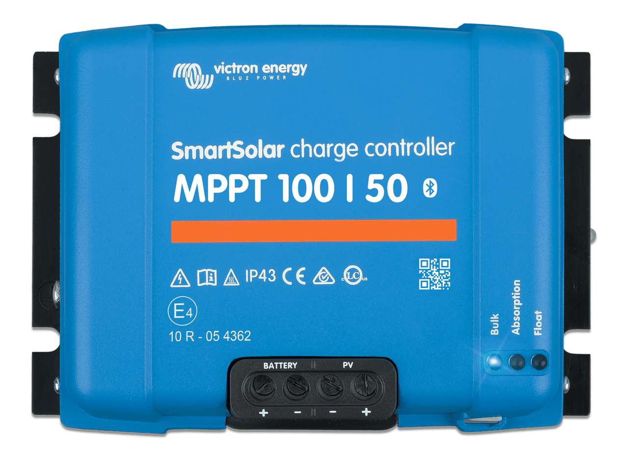 Front view of Victron SmartSolar MPPT 100/50 showing terminals and status LEDs