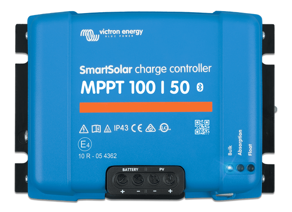 Front view of Victron SmartSolar MPPT 100/50 showing terminals and status LEDs