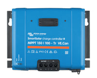 Front view of Victron SmartSolar MPPT 150/100-Tr VE.Can charge controller with blue housing and terminal covers