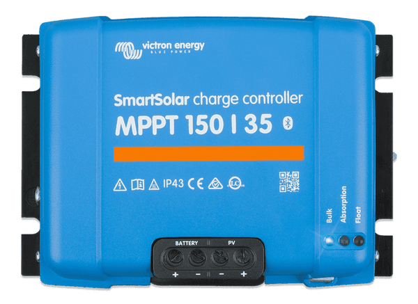 Front view of Victron SmartSolar MPPT 150/35 solar charge controller with LED indicators and terminal cover