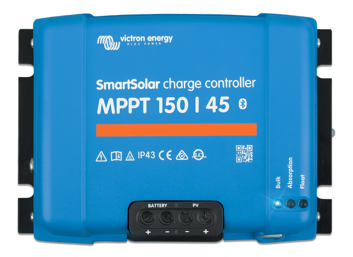 Front view of blue Victron SmartSolar MPPT 150/45 solar charge controller with status LEDs
