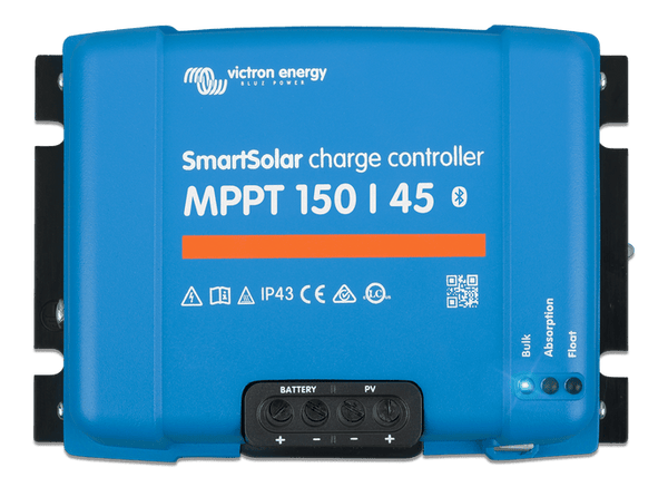 Front view of blue Victron SmartSolar MPPT 150/45 solar charge controller with status LEDs