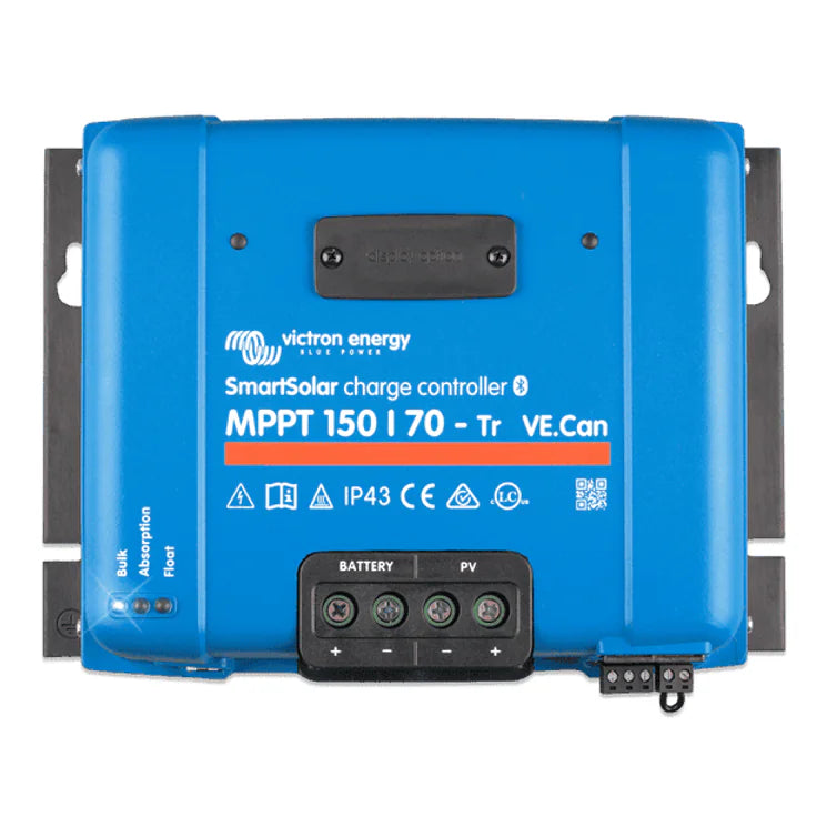 Blue Victron SmartSolar MPPT 150/70 solar charge controller showing terminals and status LEDs