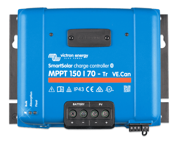 Blue Victron SmartSolar MPPT 150/70 solar charge controller showing terminals and status LEDs