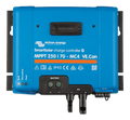 Front view of blue Victron SmartSolar MPPT 250/70-MC4 charge controller with connection ports