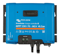 Front view of blue Victron SmartSolar MPPT 250/70-MC4 charge controller with connection ports