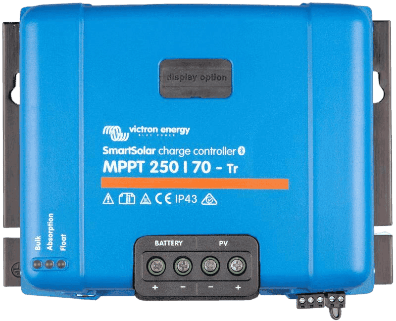 Front view of Victron SmartSolar MPPT 250/70-Tr charge controller showing terminals and status LEDs