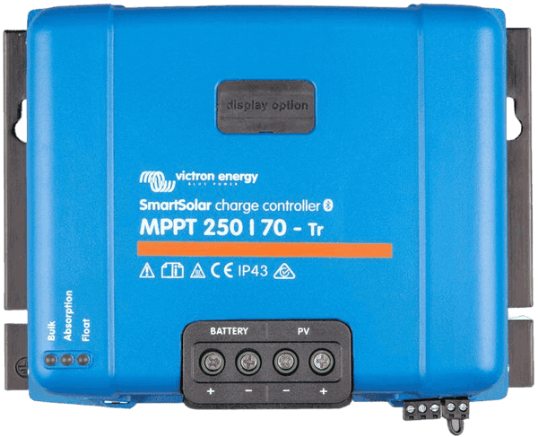 Front view of Victron SmartSolar MPPT 250/70-Tr charge controller showing terminals and status LEDs