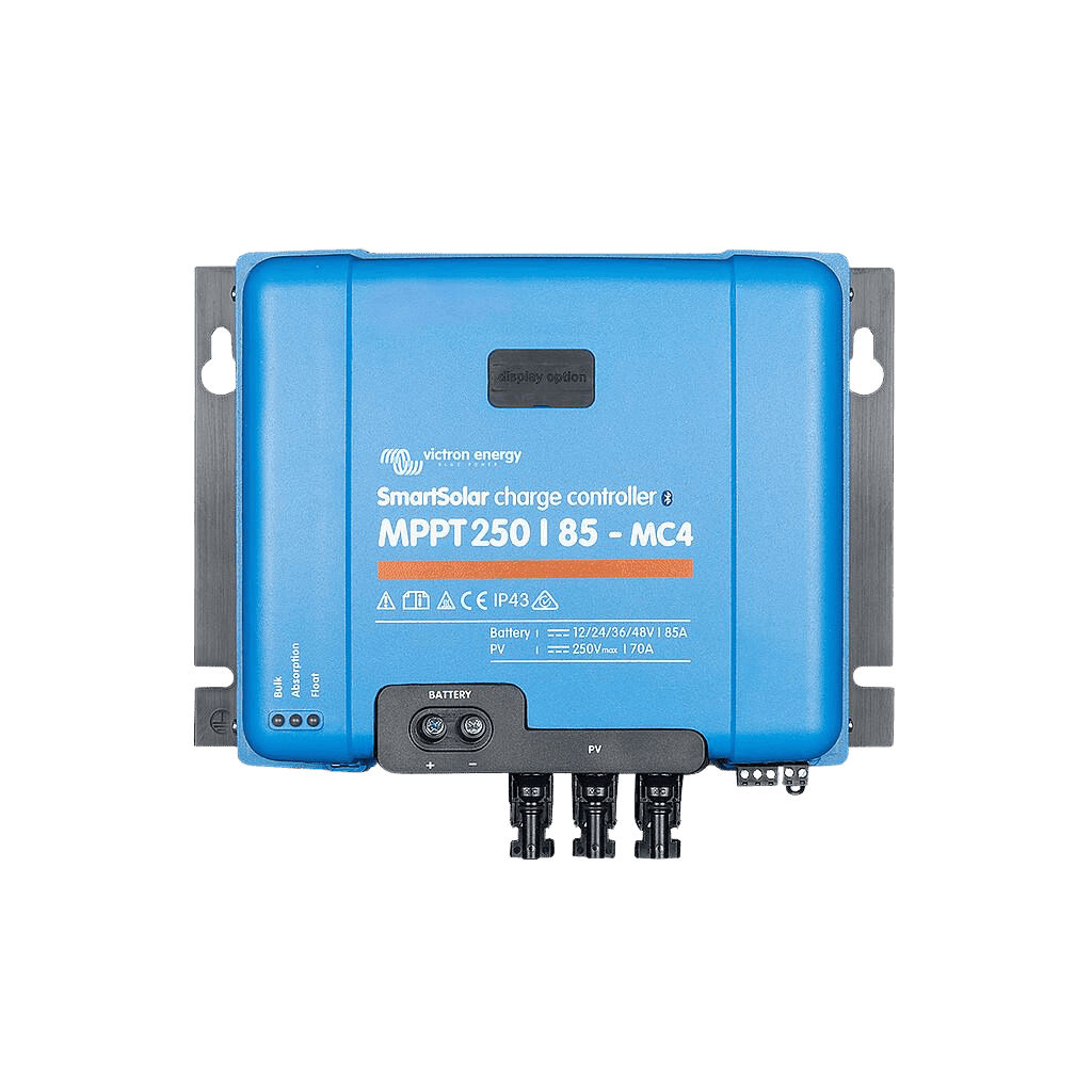 Front view of Victron SmartSolar MPPT 250/85-MC4 VE.Can solar charge controller showing interface and ports