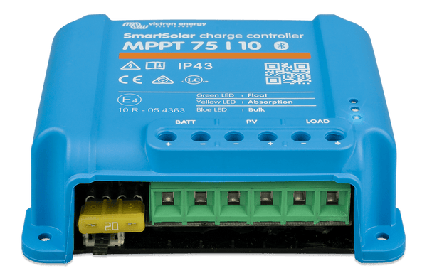 Front-angled view of the 10A solar charge controller terminals and internal fuse component