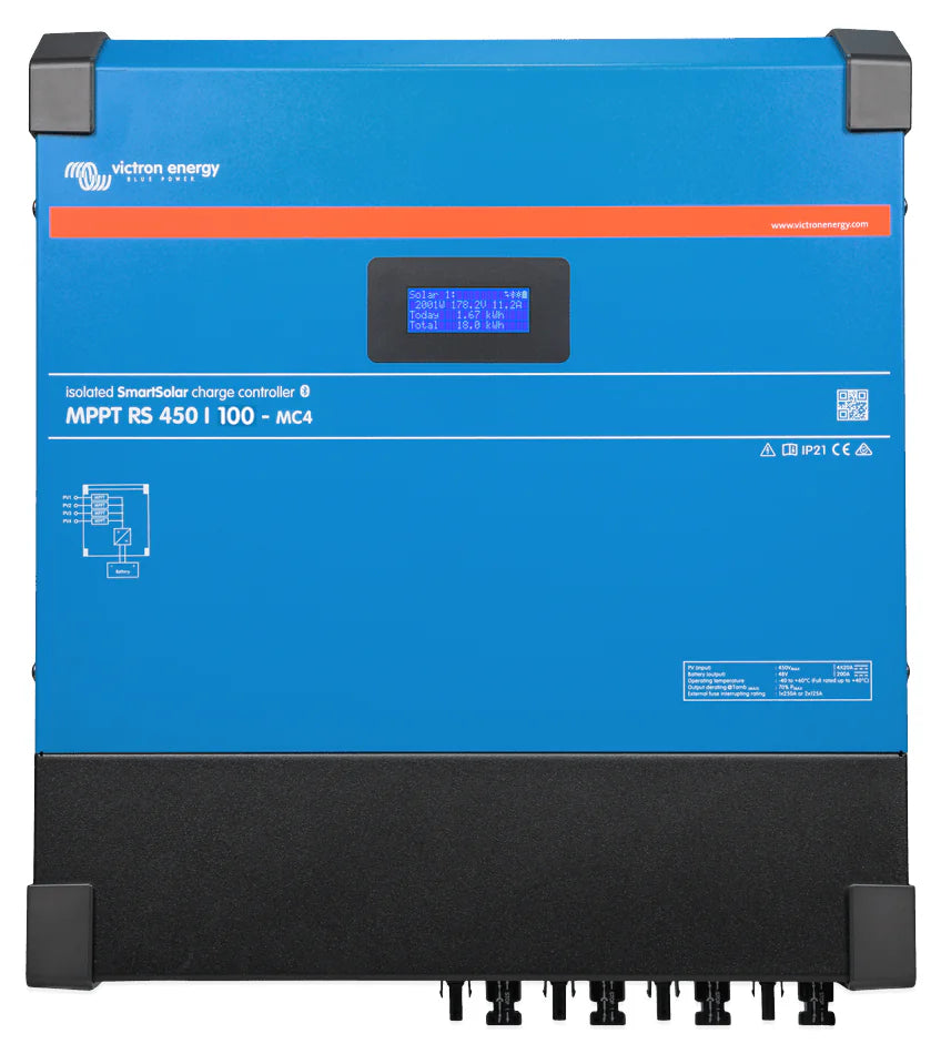Front view of Victron SmartSolar MPPT RS 450/100 charge controller with LCD display and blue steel enclosure