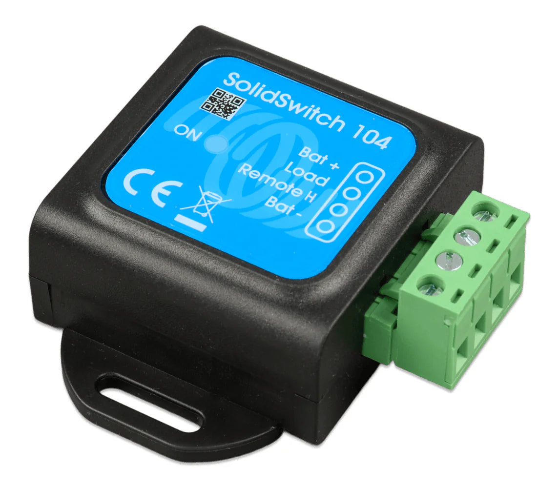 Angled isometric view of Victron SolidSwitch 104 with green terminal block