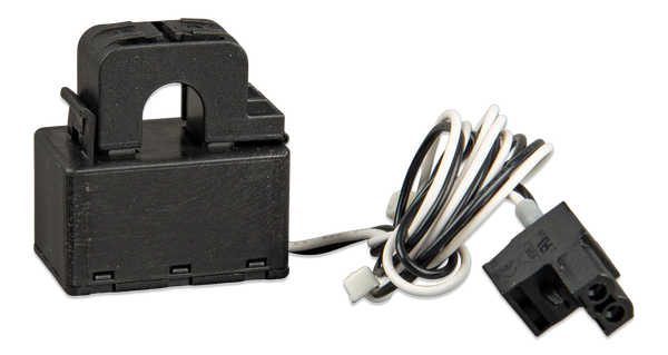 Close-up of black split-core current transformer with wiring harness and plug