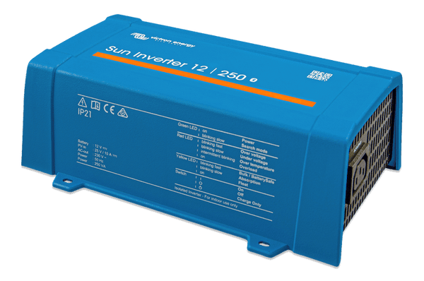 Angle view of blue Victron Sun Inverter 12/250 with IEC output and integrated PWM solar controller