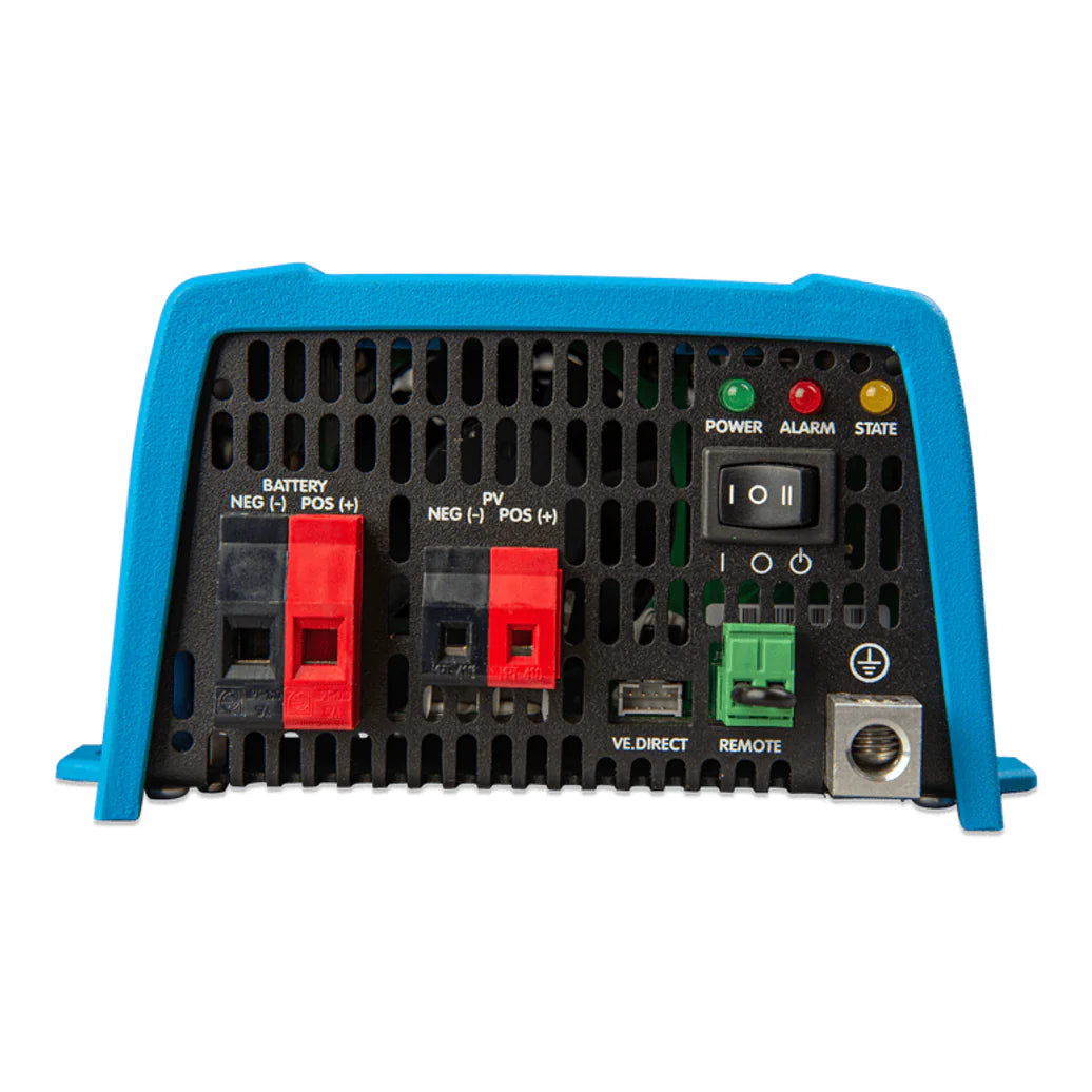 Connection panel of Victron Sun Inverter showing battery and PV terminals
