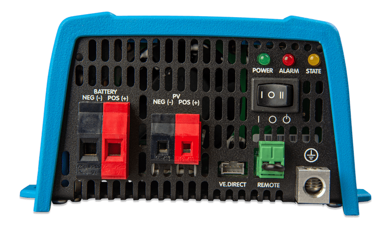 Terminals and controls on the DC side of a Victron Sun Inverter with battery and PV connections
