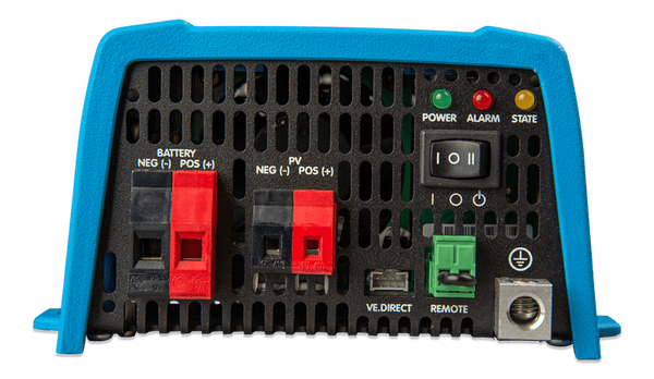 Terminals and controls on the DC side of a Victron Sun Inverter with battery and PV connections