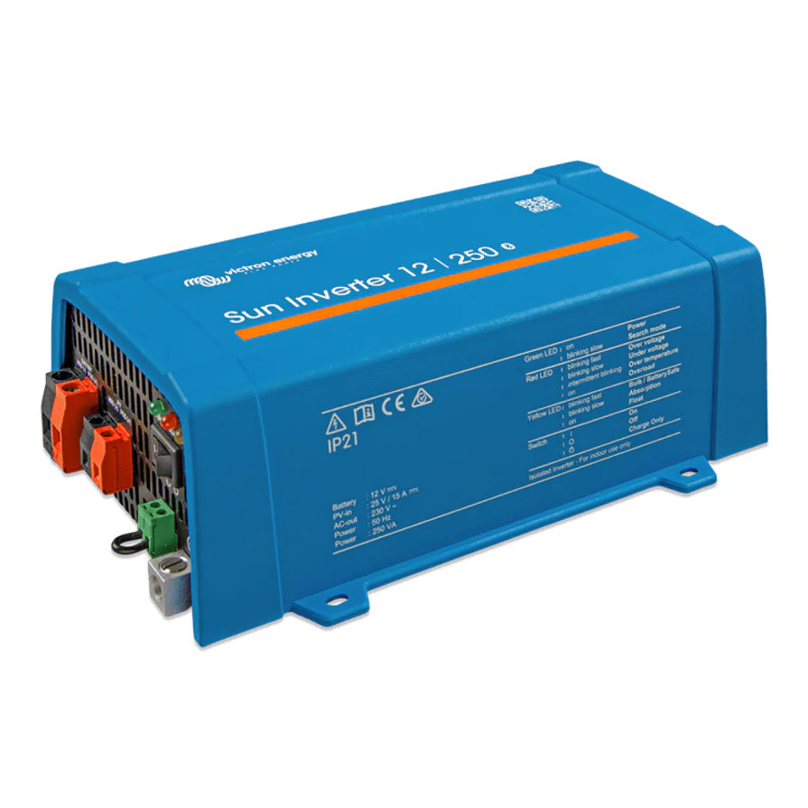 Corner view of Victron Sun Inverter 12/250 illustrating product depth and blue metal casing