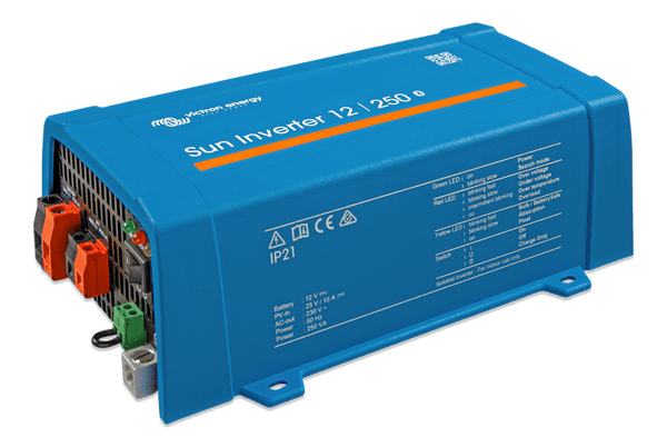 Corner view of Victron Sun Inverter 12/250 illustrating product depth and blue metal casing
