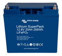 Angled front view of the Victron 12.8V 20Ah battery showing terminals and compact housing