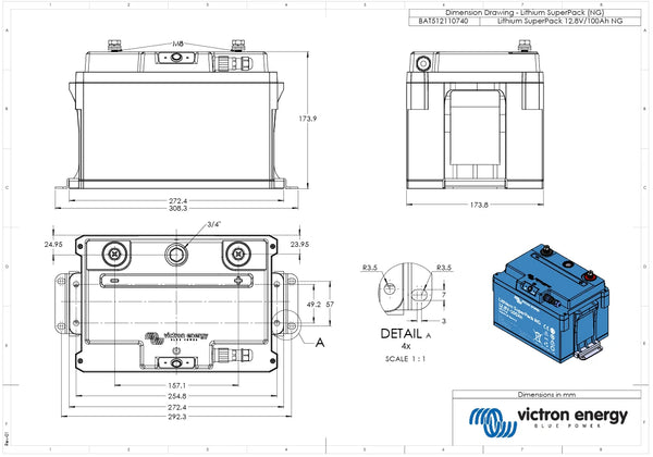 Dimensional drawing of Victron 12.8V 100Ah SuperPack NG battery