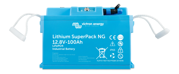 Front view of Victron 12V 100Ah SuperPack NG lithium battery with carry handles
