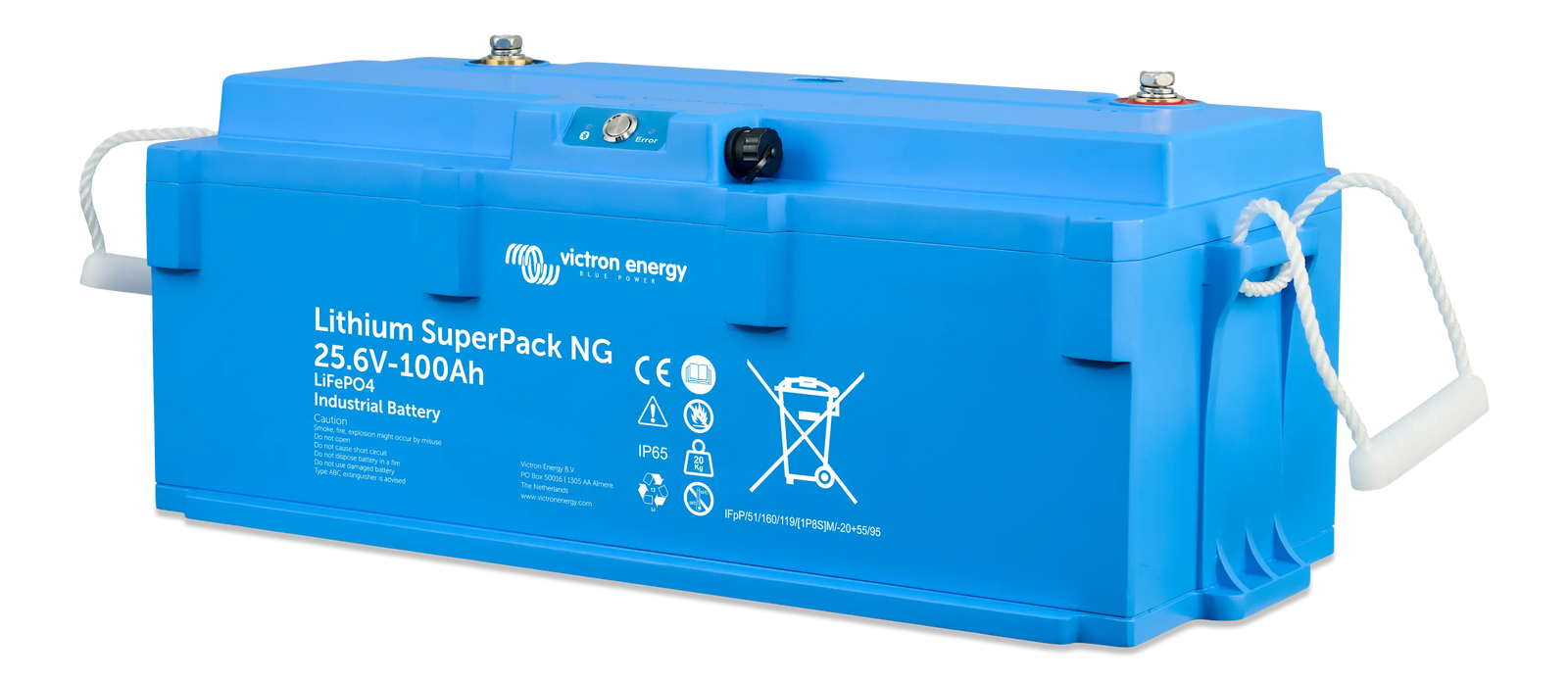Opposite angle view of the Victron 25.6V battery highlighting terminal placement