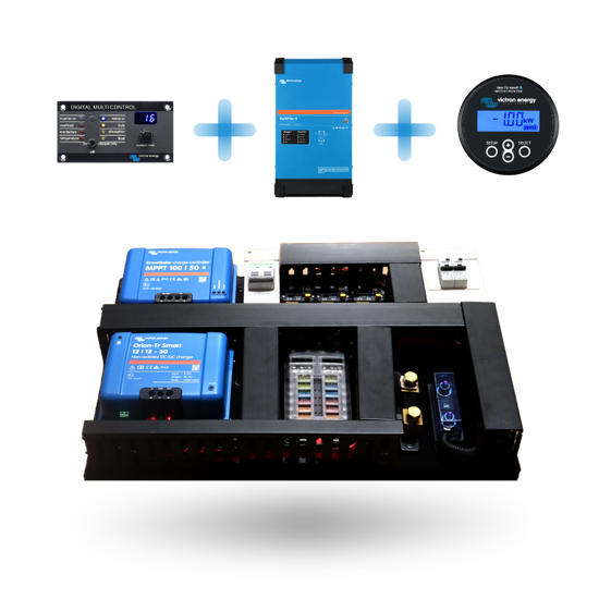 Exotronic board depicted with Victron MultiPlus-II inverter and monitoring accessories