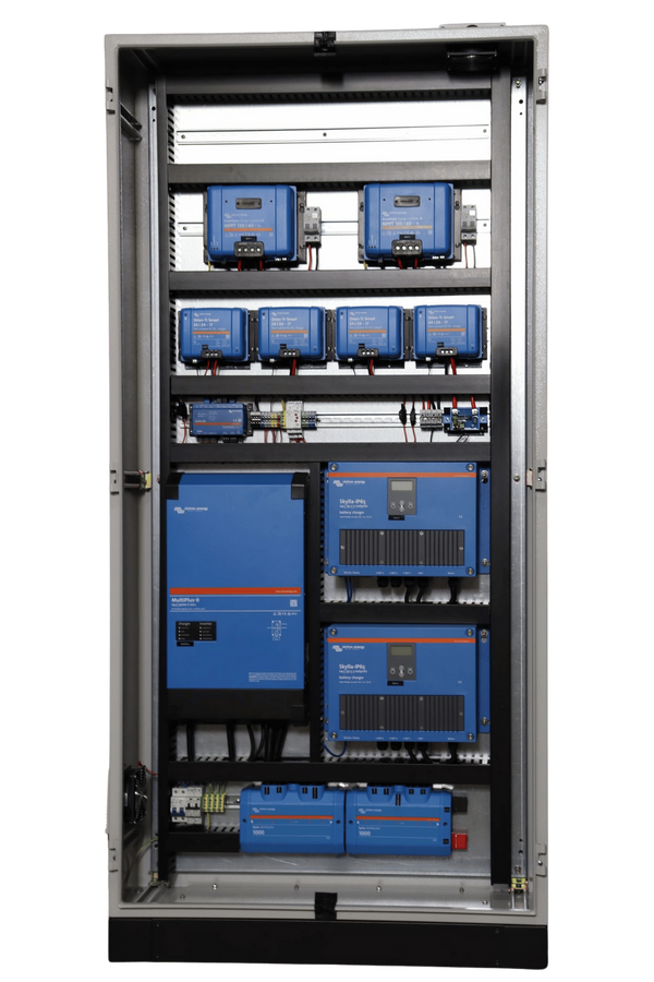 Front view of electrical cabinet internal layout with labelled power components