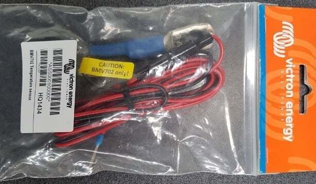 Retail packaging of Victron temperature sensor for BMV-712 and Smart Shunt showing product labels