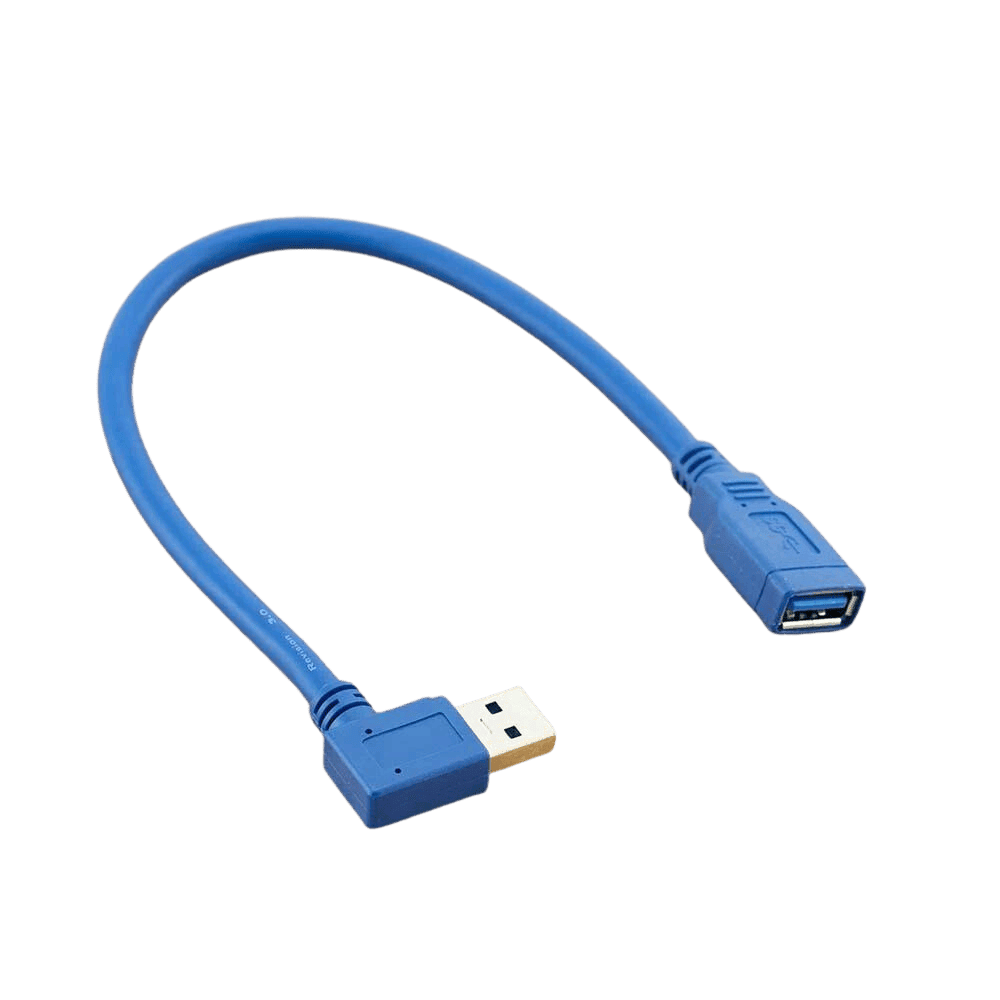 Blue USB 3.0 extension cable featuring a right-angle male plug and standard female socket