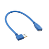 Blue USB 3.0 extension cable featuring a right-angle male plug and standard female socket