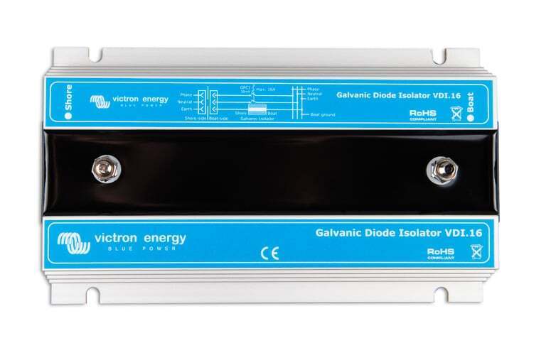 Top-down view of Victron VDI-16 galvanic isolator with connection points and technical labels