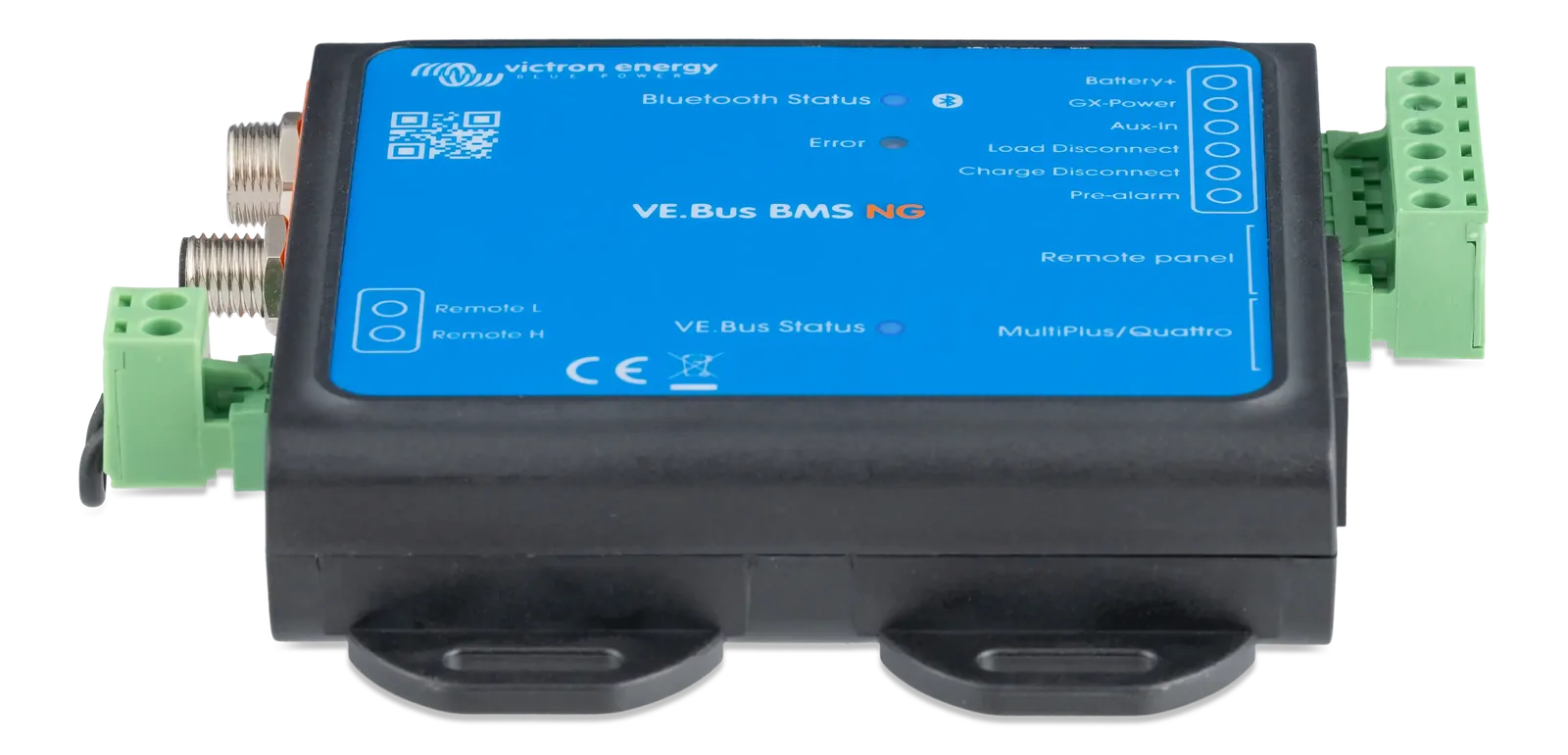 Low-profile matte black enclosure of the VE.Bus BMS NG with mounting tabs